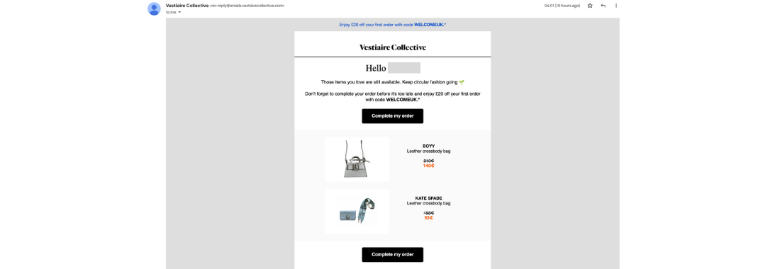 A screenshot of an email notification reminding the shopper about their abandoned cart