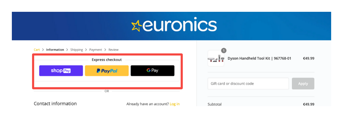 An example of Eurnoics using express checkout to optimise cart conversion rate